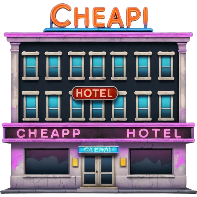 Hotel barato con letrero de neón en la fachada. emoji