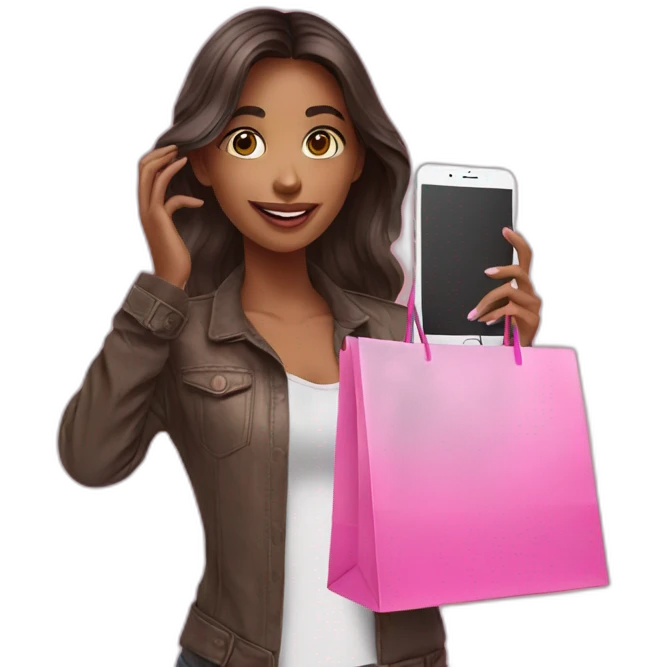 influencer taking selfie with a pink shopping bag emoji