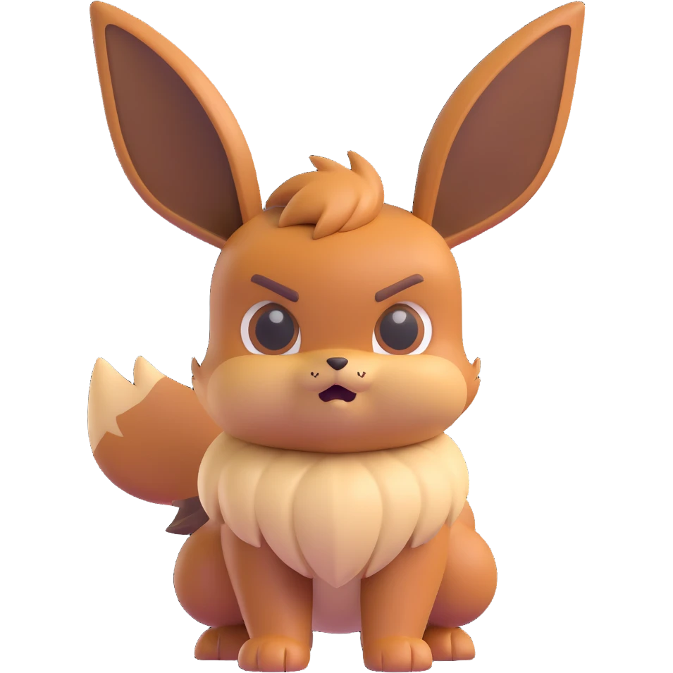 Eevee with a grumpy expression and an intimidating stance, Microsoft 3D Fluent emoji style, simple bold shapes, clear facial expression, no text emoji