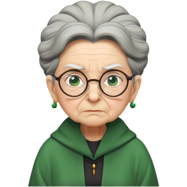 Stern elderly witch professor with glasses, tight bun, green robes, frowning with disapproval emoji