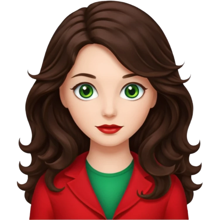 Leslie Bryant from Summer of Fear with long dark brown wavy hair, green eyes, red outfit emoji