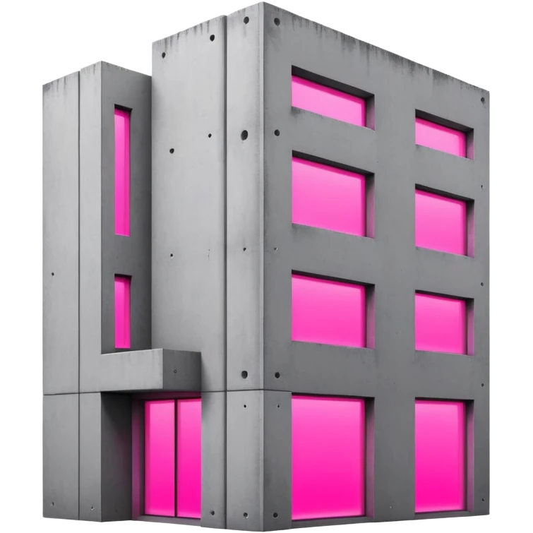 Minimalist gray concrete building with one window glowing bright pink, brutalist architecture emoji