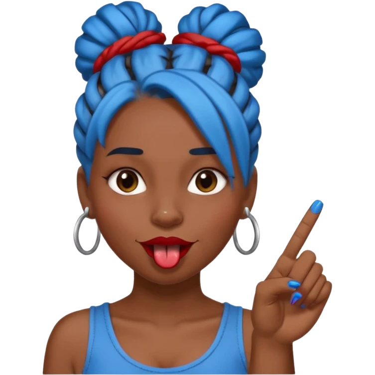 brown girl with blue locs in a bun with tongue out and red nails showing middle finger emoji