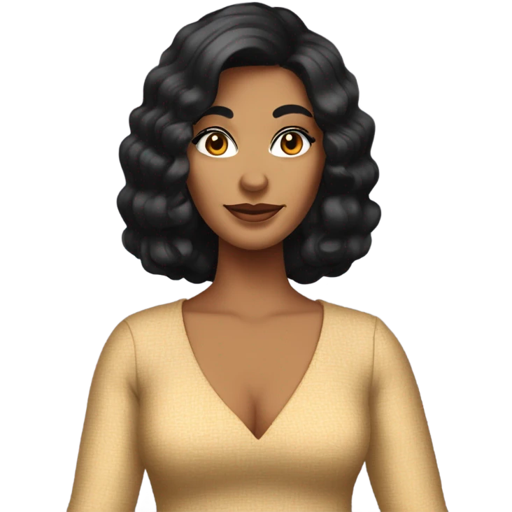 Tanned woman with black hair dressed in 1970s hair, makeup, and attire  emoji