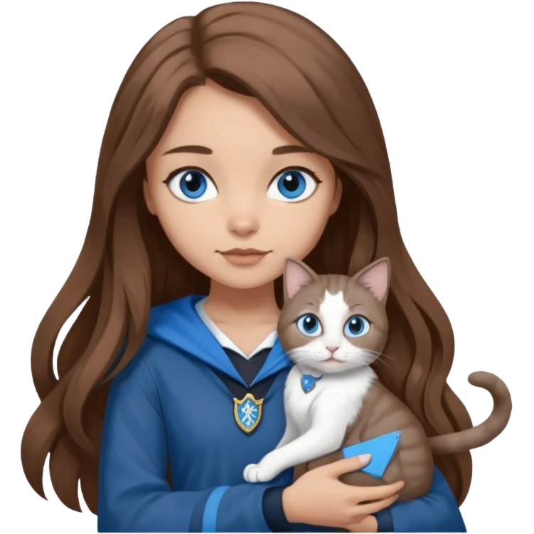 gorgeous Girl with light skin, blue eyes, long brown hair, wears a ravenclaw outfit, with a grey and white cat holding in her arms emoji