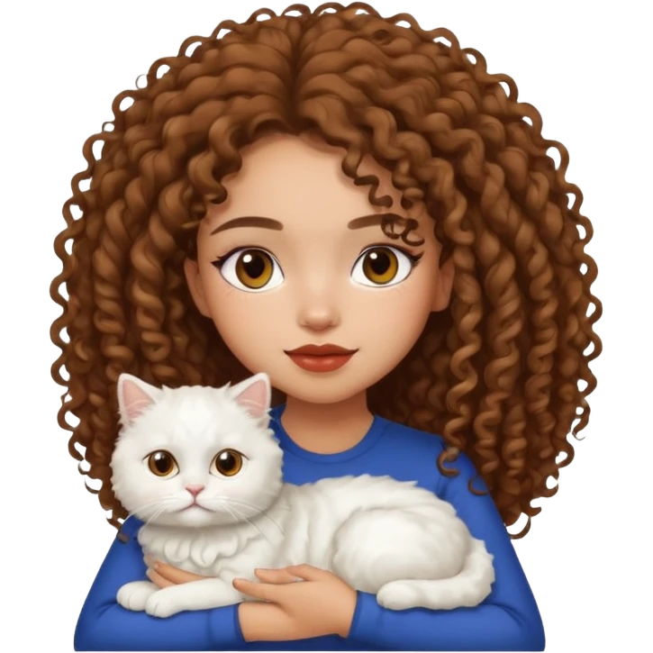 lightskin girl with frizzy curly hair, clean girl makeup, white Persian cat on her lap emoji