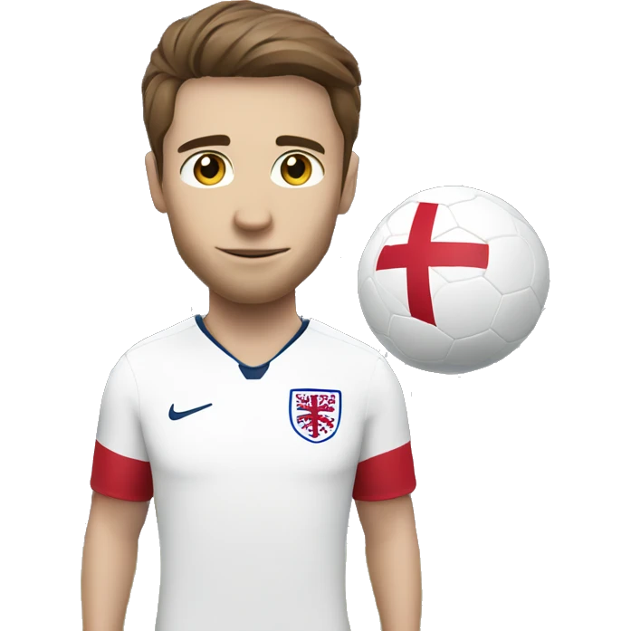 soccer player with white skin, brown hair, and wearing an england kit, holding a football emoji