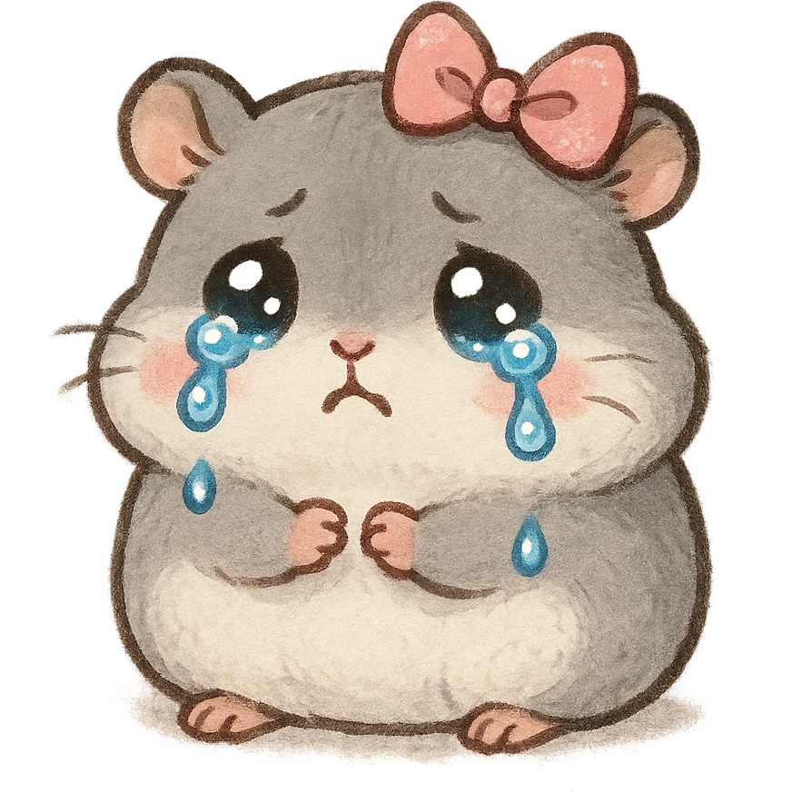 a small, round gray hamster with tears in its eyes and a pink ribbon on its head, cute, expressive style emoji