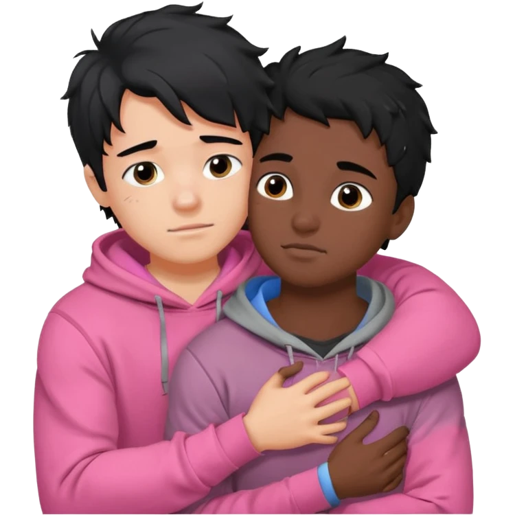 generate a pretty bratz fair skinned boy with messy black hair in a grey hoodie. Hugging his girlfriend who is wearing pink. Make him muscled emoji