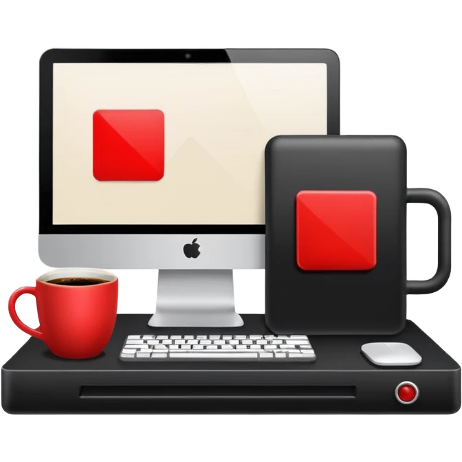 work computer with coffee and red square tag emoji