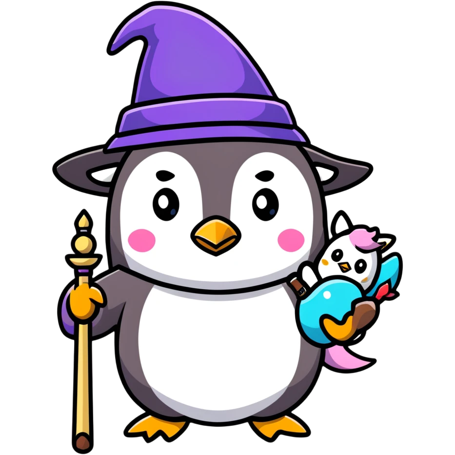 penguin wizard with a staff and hat, surrounded by a small dragon, fairy, and unicorn, colorful fantasy landscape emoji