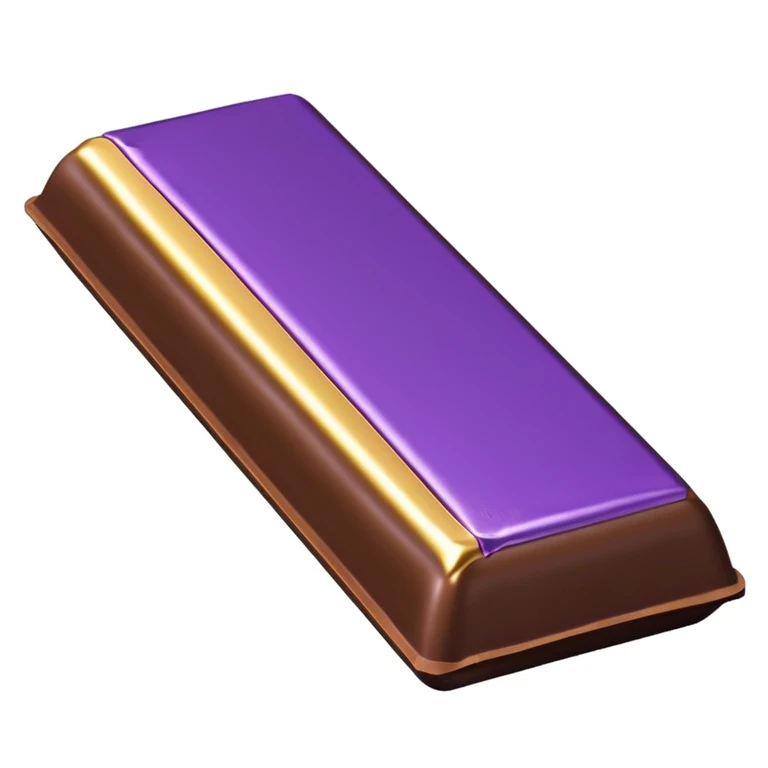 3D chocolate bar in Apple emoji style, shiny and smooth surface, partially unwrapped in a purple and gold foil wrapper, minimal but elegant design, rich brown chocolate with glossy highlights, stylized and iconic, no text or branding, isolated on white background, soft shadows, high-quality render emoji