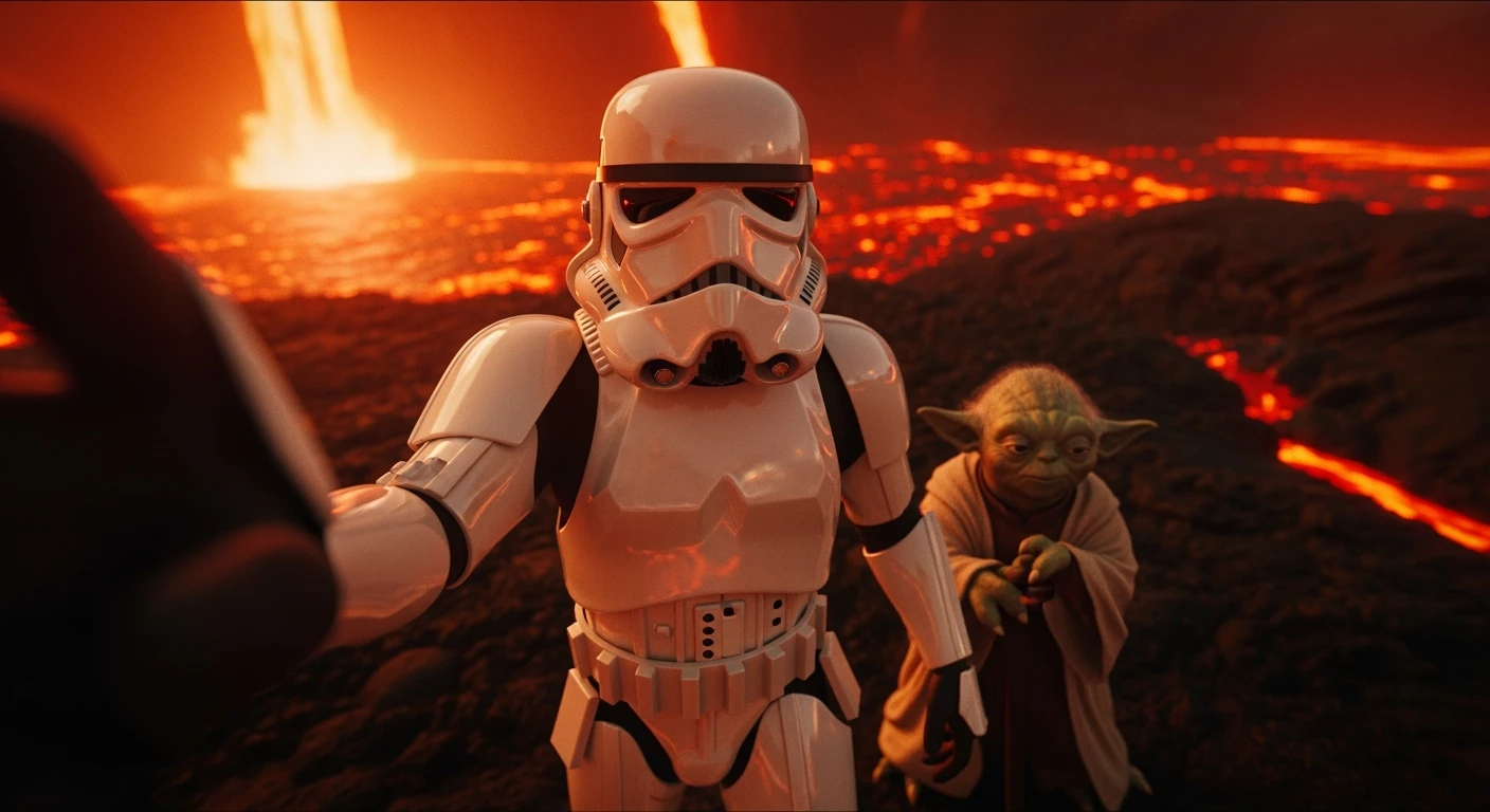 Cinematic still, selfie camera, Starwars stormtroopers vlogging , he is walking on lava planet with yoda emoji