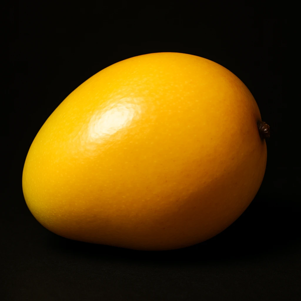 A whole ripe yellow mango with a glossy surface, realistic lighting, black background, high detail, studio photo style, photo-realistic emoji