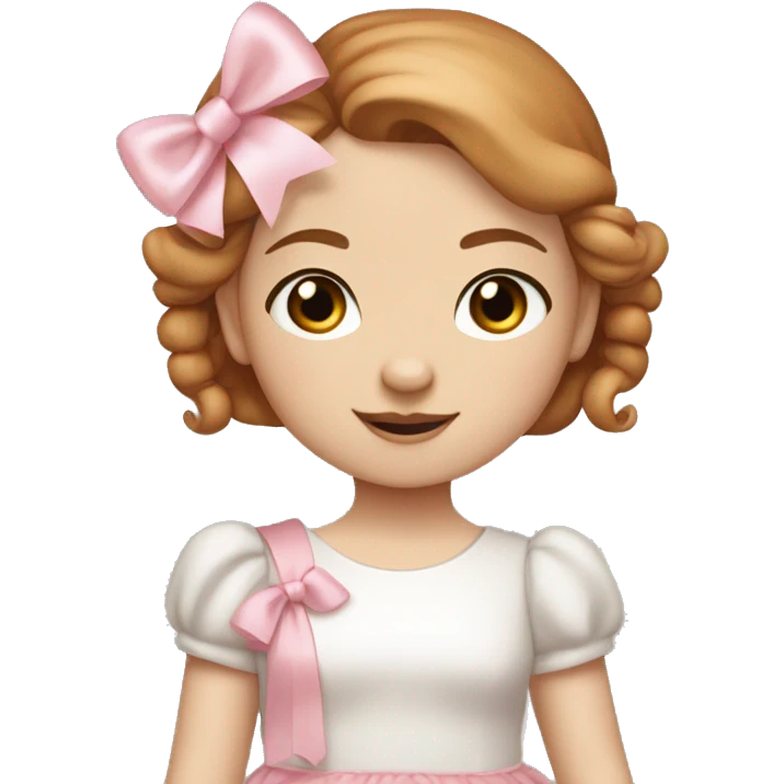 Little Girl with White skin, blue eyes. Light brown and red hair in two ponytails, with light pink bows.  She is wearing a light pink and White dress, standing and holding a teddybear with a pink bow. emoji