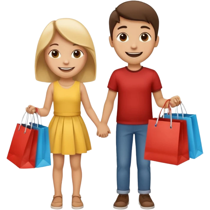 HAPPY SMILEY FACE BOY AND GIRL WITH HANDS AND FEET EMOJI WITH SHOPPING BAGS IN EACH HAND emoji