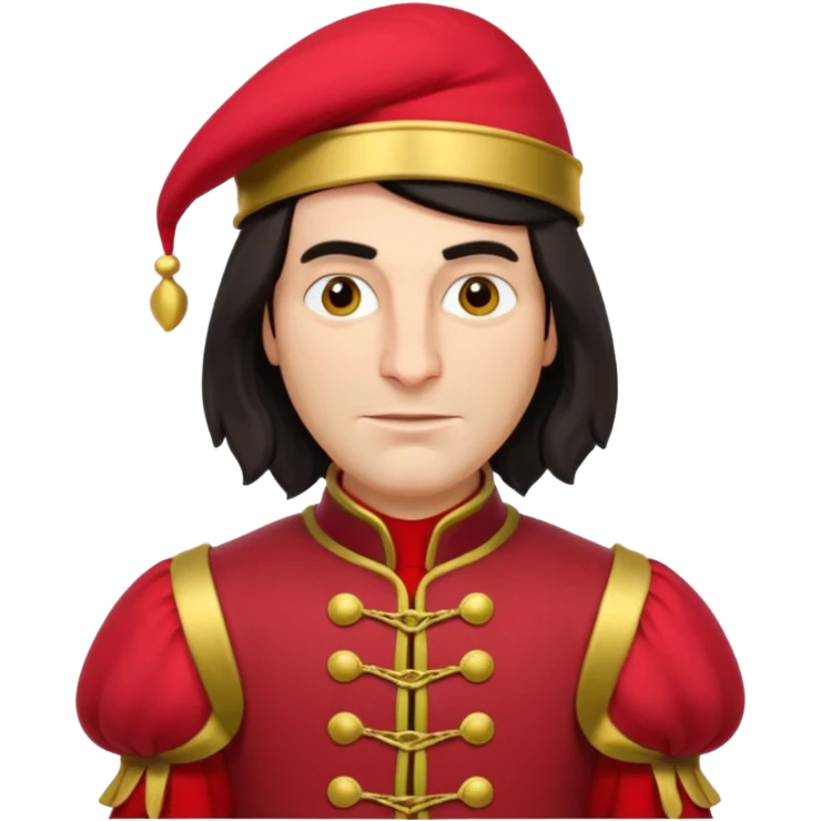 lord farquad avec un chapeau rouge plat sur le dessus, il a un vetement rouge avec des manches bouffantes rouge et dorée emoji