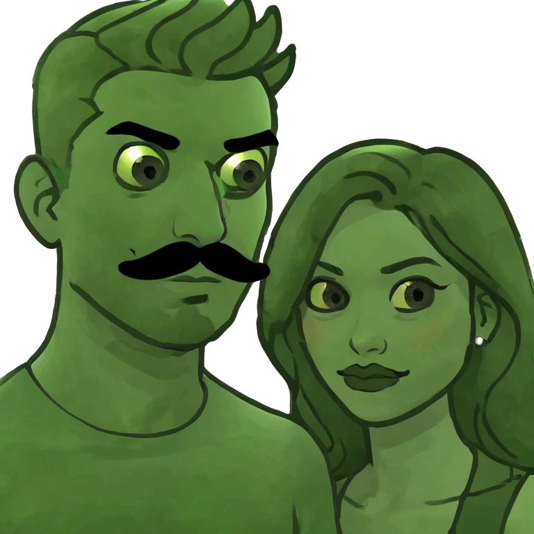 Blonde guy with mustache and Latina brunette emoji