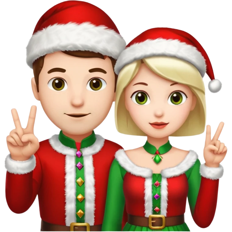Adult couple wearing Xmas outfit pointing at you emoji