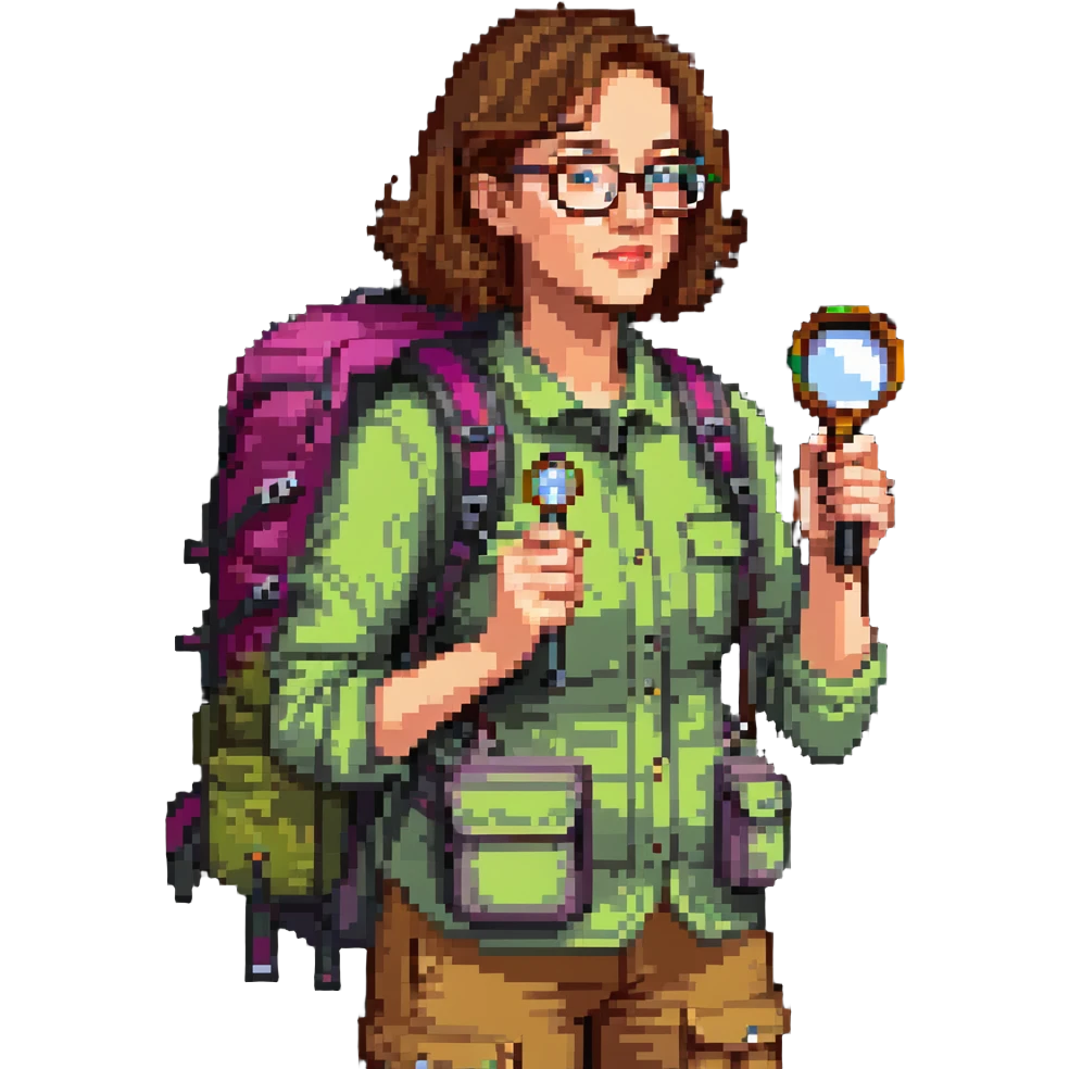 Enthusiastic woman naturalist in her 40s with glasses, colorful hiking outfit, backpack, holding magnifying glass emoji