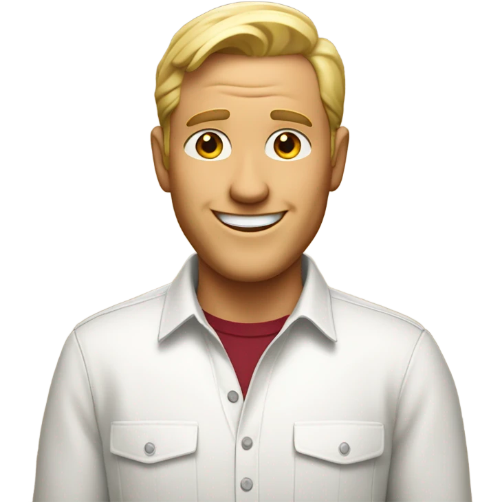 face of a white bold man who smiles. You can see a part of the wine-color shirt he is wear emoji