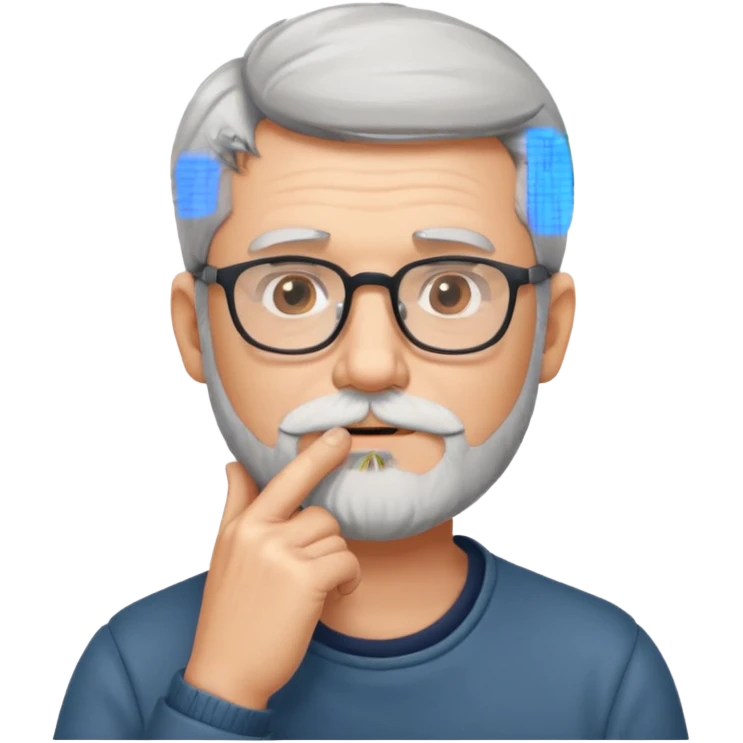 Gray haired man with glasses and a beard with his hand on his chin emoji