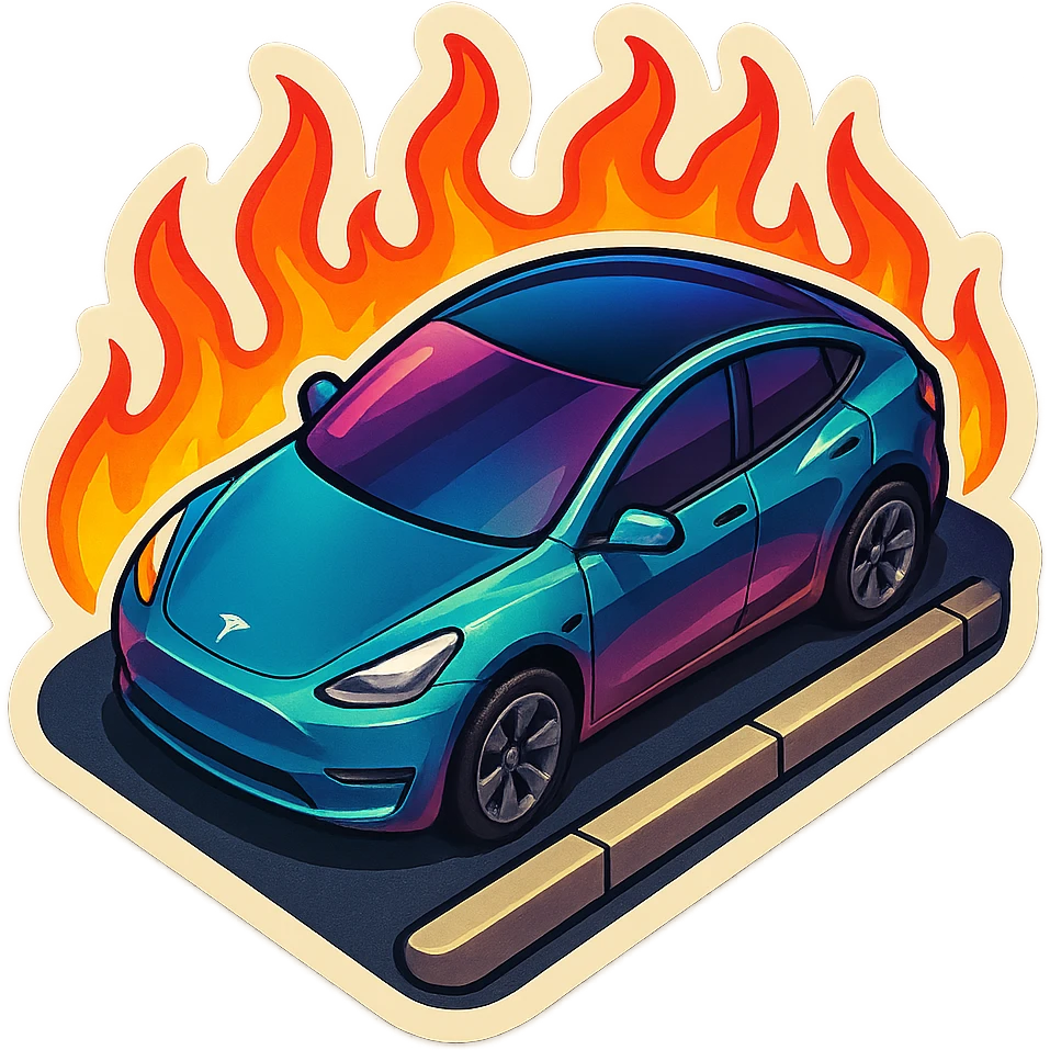 A Tesla Model Y parallel parking at a curb, from above, with fire around emoji