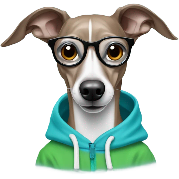 Italian Greyhound showing his teeth wearing a cyan hoodie and glasses emoji