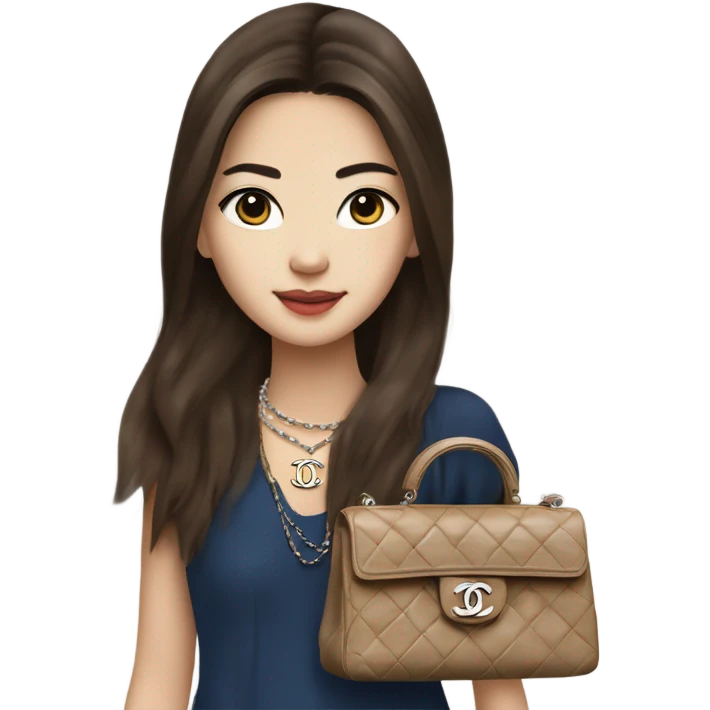 Realistic brown hair blue eyes Chanel Asian Girl with Birkin bag and Chanel necklace emoji
