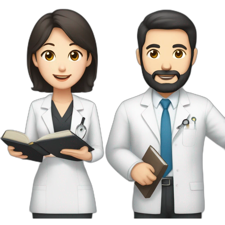 husband american age 50 dark brown hair trimmed beard wearing dark business suit holding bible together, wife asian age 50 black hair wearing nurse uniform, no children emoji