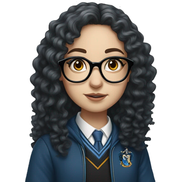 Hyper realistic White girl with long black curly hair and glasses wearing a ravenclaw school inform emoji