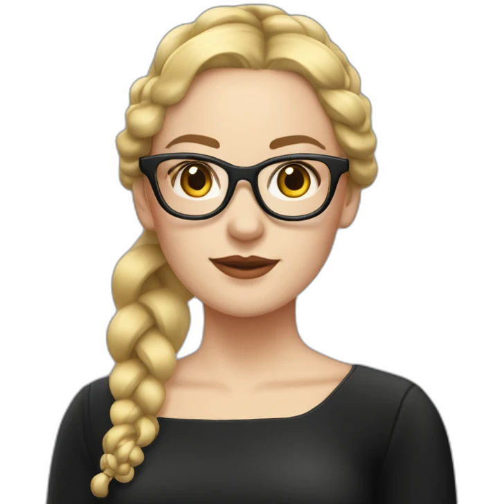 white woman with blonde pigtail braids and large dark rimmed glasses and a square neckline black dress emoji