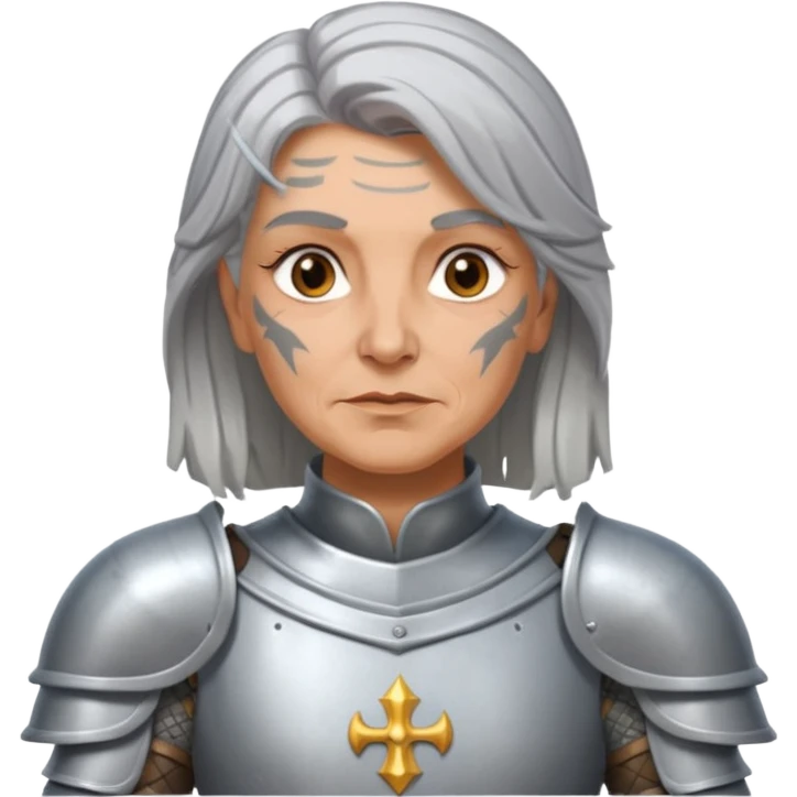 elderly tattooed knight, tattooed shoulder, long hair, female emoji