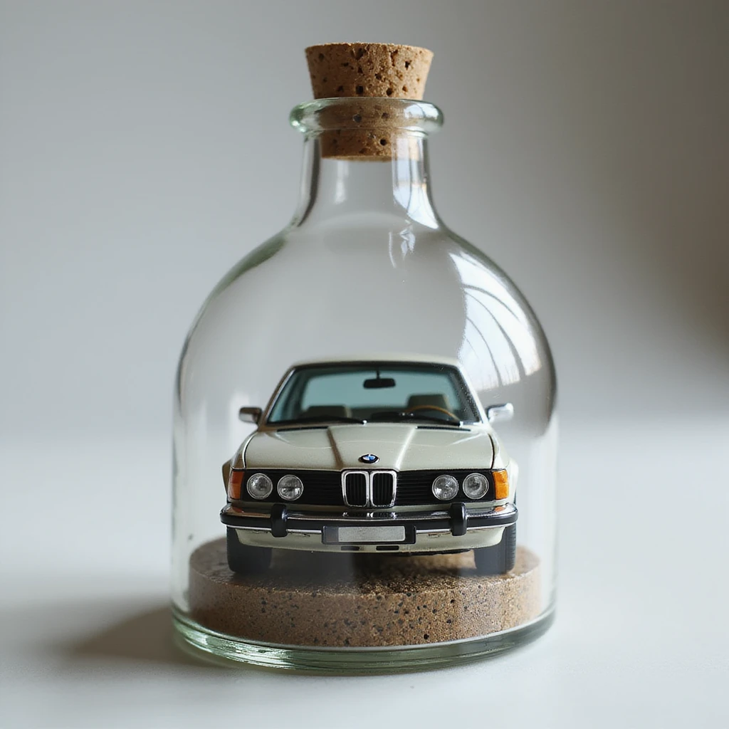 a BMW car inside a glass bottle, detailed, realistic style emoji