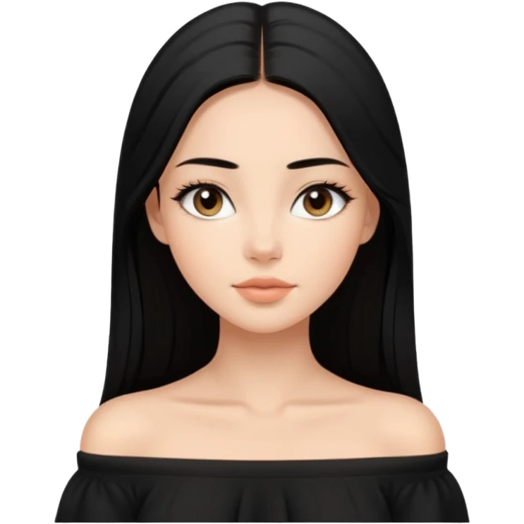 A realistic 3D avatar of a young woman with a soft oval face, slim cheeks, natural almond eyes, long straight black hair, minimal makeup, wearing a black off-shoulder top, elegant and aesthetic, tanned skintone. emoji