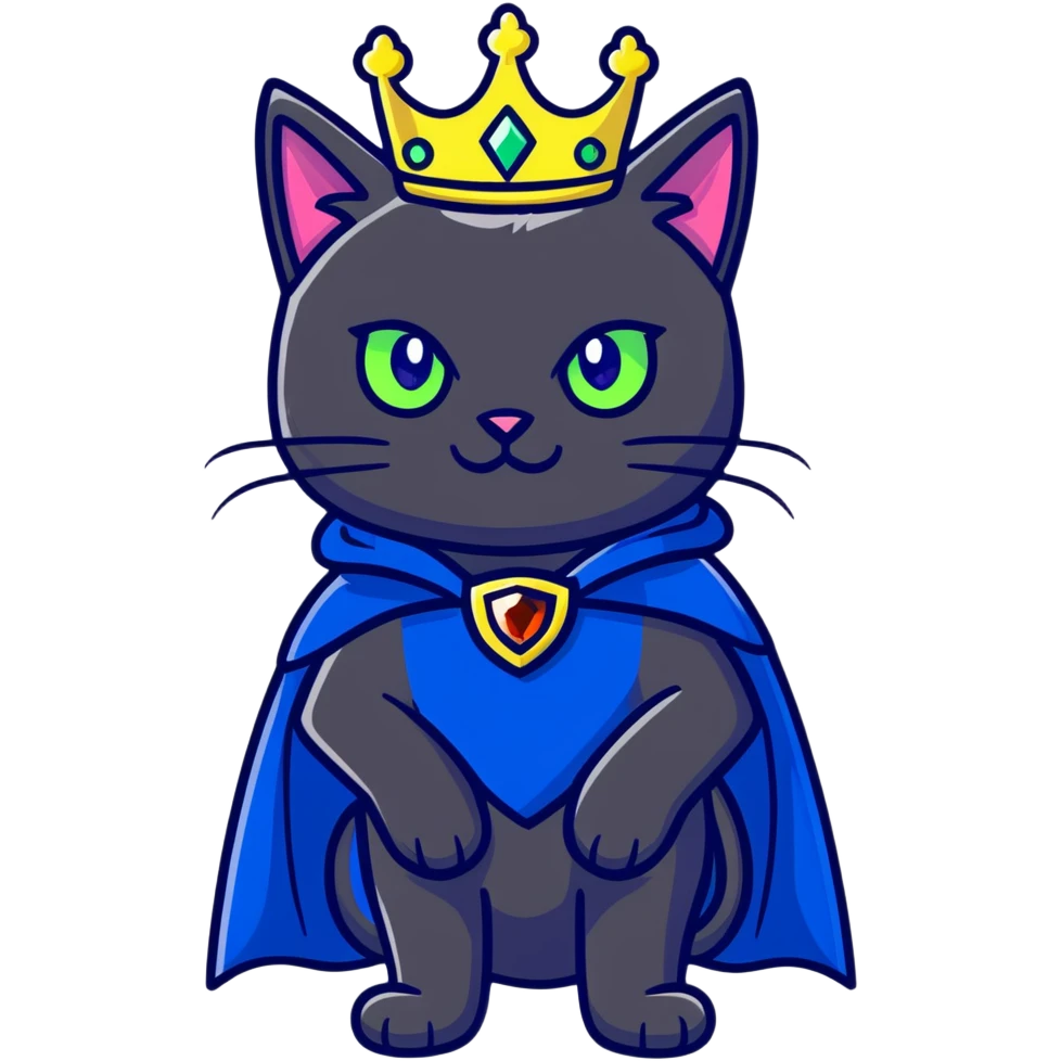 black cat with brilliant neon green eyes wearing a royal blue cape trimmed in gold and a crown with jewels emoji