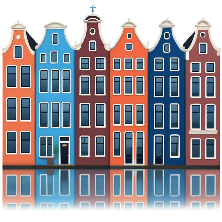 Cinematic Realistic Amsterdam Canal Houses Landmark Emoji, featuring narrow, gabled facades in vibrant colors reflecting on the calm canal waters. emoji