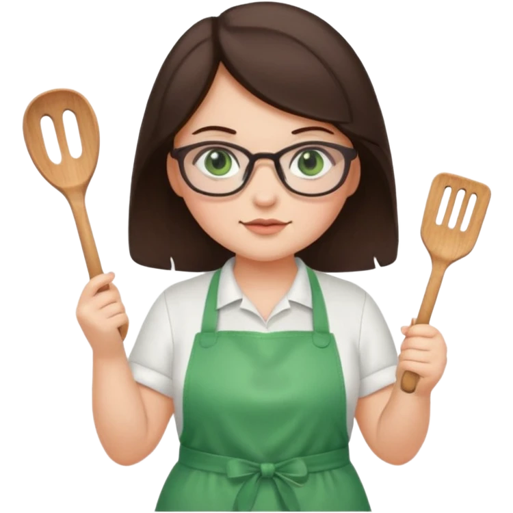 chubby brunette girl with glasses and green eyes with apron holding spatula  emoji