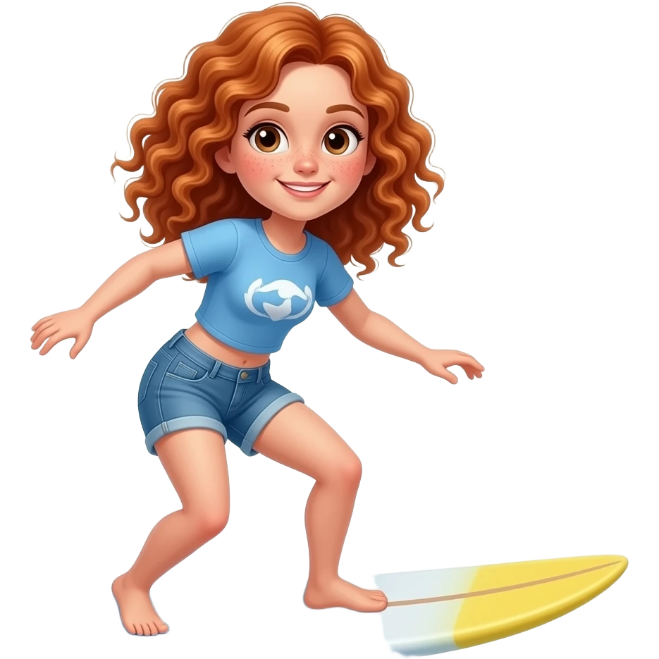 Fille rousse bouclés tâches de rousseur surf emoji