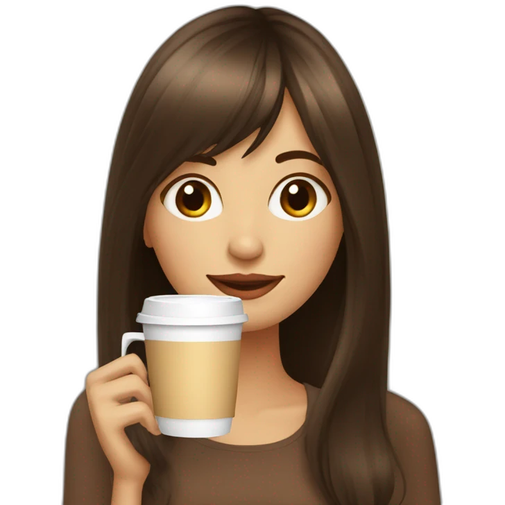 A girl with elongated bangs and long brown hair drinks coffee emoji