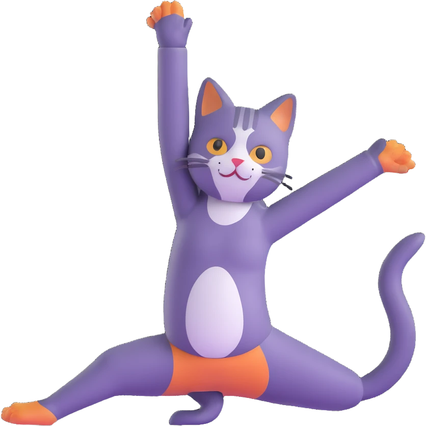 cat doing pigeon yoga pose with one leg bent in front and one leg stretched behind emoji