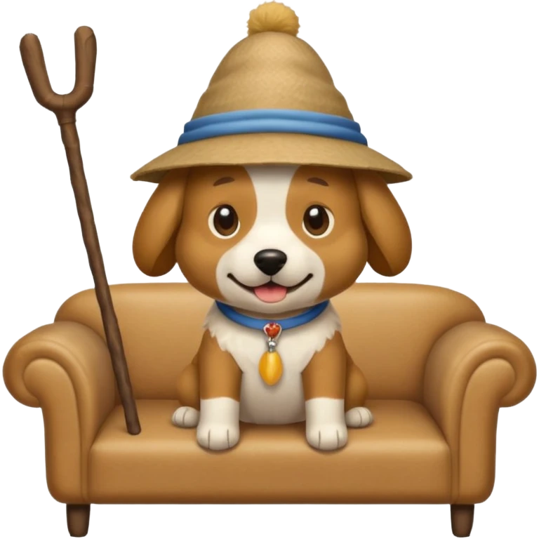A dog that has a stick hat and a sofa shirt emoji