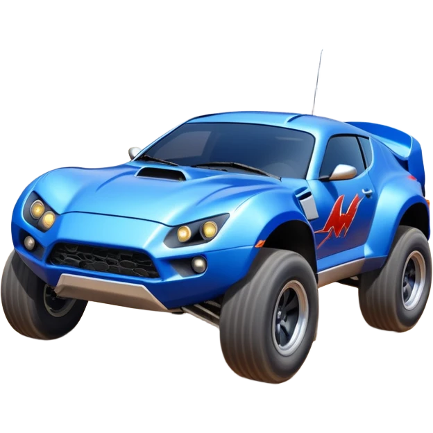 Satan’s (post race) ultra blue Dirty and dented Local Motors Rally Fighter off road race car hot rod flying turning a tight corner (silver wheels) emoji
