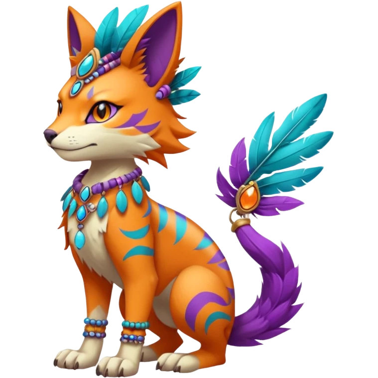 Kawaii cute orange purple turquoise exotic tribal beautiful pretty elegant divine edgy feline-vernid-sergal-Fakémon-Pokémon-Digimon-fursona-animal-creature with bracelet, necklace, full body, with intricate detailed markings, feather headdress  emoji