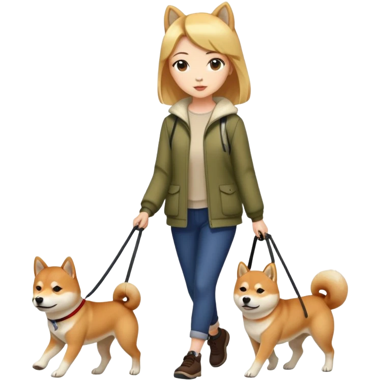 Beautiful girl with fair skin walks Shiba Inu emoji