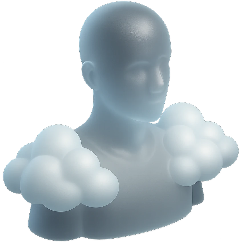 person looking straight ahead, shoulders filled with convex white fluffy clouds, matte glass style emoji