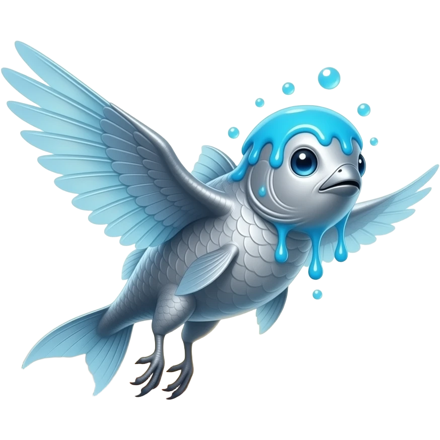 Mistfin A silver fish-bird hybrid made of blue goo, slime head, bubbles that leaps above lakes at sunrise and leaves a cool mist behind it. Its wings look like translucent fins. emoji
