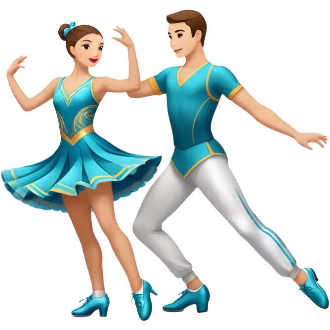 Icon for Sports Dance: a couple performing an energetic and synchronized dance, dressed in competitive dance attire, dance shoes, a rhythmically placed dance floor, and a competition backdrop. The icon should capture the athleticism, technique, and precision of sports dance. Transparent background. emoji