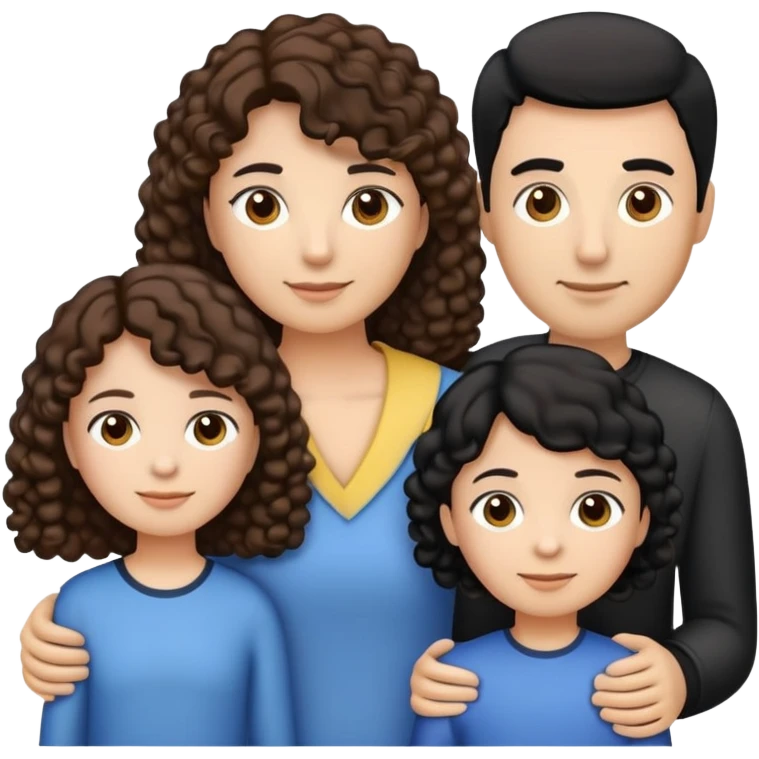 a family emoji consisting of 1 mom with medium length brown curly hair, 1 dad with one sided swept straight black hair. 1 eldest daughter with brown one sided straight hair, 1 middle child daughter with brown curly hair, youngest brother with taper fade haircut black hair.  emoji