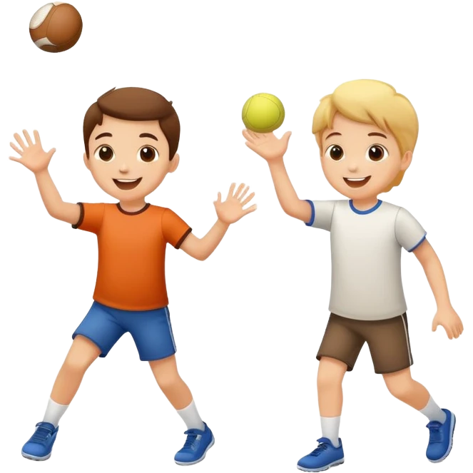 two children playing catch, one throwing and one catching a ball, happy and playful emoji